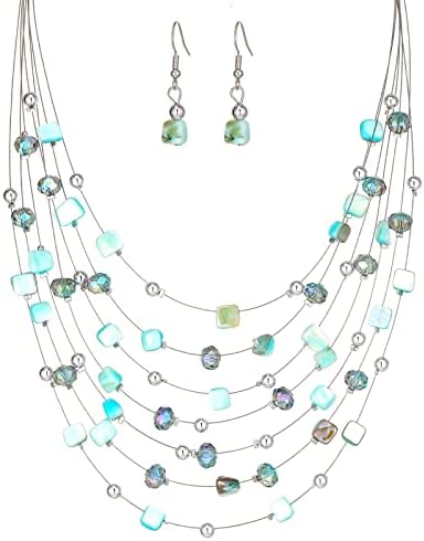 Multi-Layer Boho Shell Beaded Necklace for Women Colorful Crystal Strand with Silver Beads Statement Collars Necklace and Earrings Costumes Jewelry Sets for Women(Turquoise)