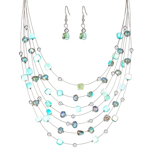 Multi-Layer Boho Shell Beaded Necklace For Women Colorful Crystal Strand With Silver Beads Statement Collars Necklace And Earrings Costumes Jewelry Sets For Women(Turquoise) #TOP4