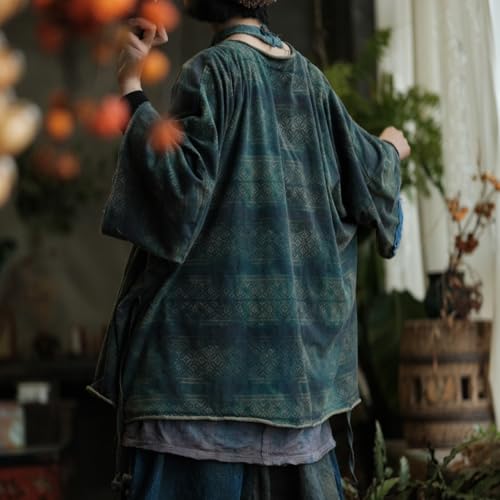 Women Vintage Style Geometric Pattern Cardigan Distressed Denim Look Kimono Shirt2