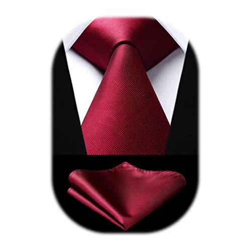 HISDERN Burgundy Ties for Men Solid Necktie and Handkerchief Set Wedding Party Classic Silk Tie Sets