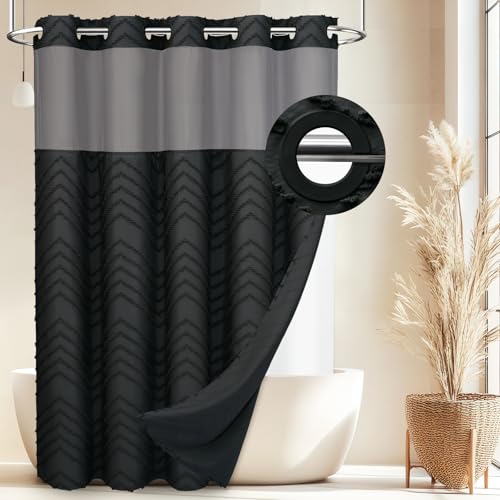 WONICY No Hook Shower Curtain with Snap in Liner, Black Tufted Chevron Striped Shower Curtains for Bathroom, Waterproof & Washable, 71Wx74H