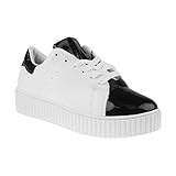  Fashion4Young Damen Sneakers Sportschuhe Metallic Lack Effekte Schnürschuh Freizeitschuh Low-top (EU 38, 5004-4-schwarz)