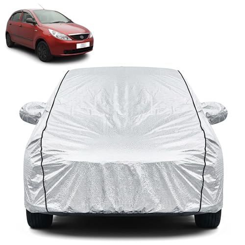 Image of Waterproof Car Cover for TATA Indica Vista | Dustproof, UV Resistant & Scratch Protection | Soft Cotton Lining | Triple Stitched | Mirror Pockets & Elastic Fit | Silver