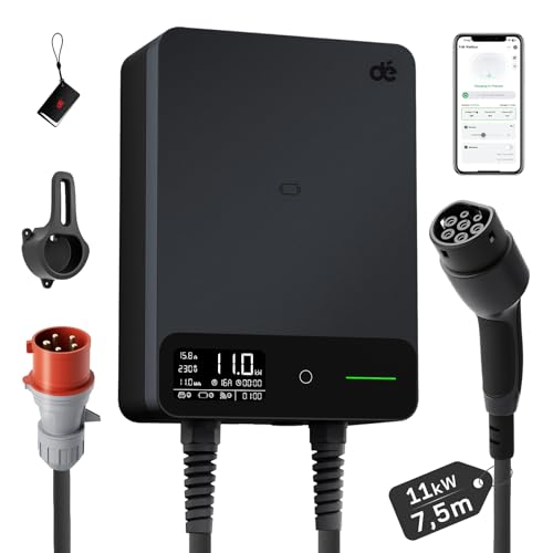 dé Wallbox 11kW [7,5m, 6-16A, Trifase] Colonnina Ricarica Auto Elettrica con APP e RFID e Supporto, EV Stazione di Ricaric con RCD Tipo B e Protezione IP54, per BEV/PHEV, Nero