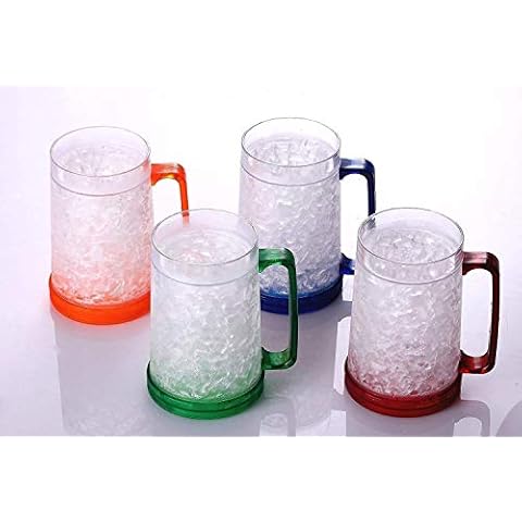 Double Wall Gel Frosty Freezer Ice Mugs Clear 16oz Set of 4 (Blue, Red, Orange and Green) Cover