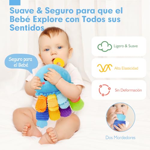 hahaland Juguetes Bebes 0-3 Meses - Pulpo de Peluche Suave con Sonajero, Mordedor, Espejo, Sonidos - Tummy Time Montessori para Bebe 0 a 6 12 Meses - imagen 6