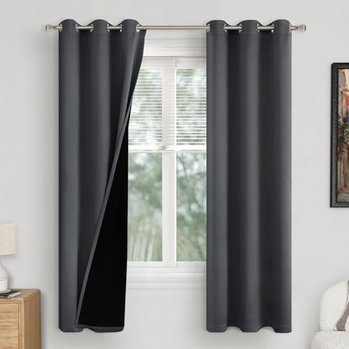QUEMAS Dark Grey Blackout Curtains 72 Inch Length 2 Panels Set for Living Room, Thermal Insulated 100% Light Blocking Soundproof Grommet Window Curtains for Bedroom with Black Liner, Each 42 Inch Wide