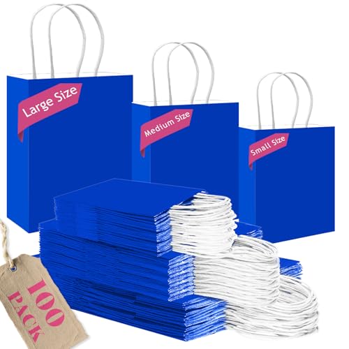 Gcardist Diamantblaue Papiertüten mit Henkeln, Großpackung mit 100 Stück in verschiedenen Größen (groß – 33 Stück, mittel – 33 Stück, klein – 34 Stück)