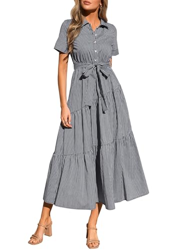 PRETTYGARDEN Women Striped Button Up Maxi Shirt Dress, Black Striped,S