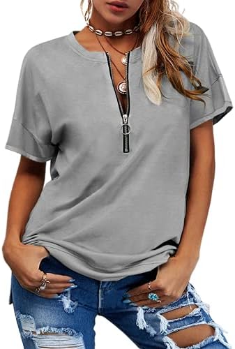 GIBLY Women Zipper Design Short Sleeves V-Neck T Shirt Solid Casual Loose Basic Tops