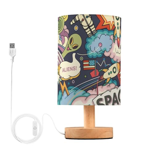Mnsruu Lámparas LED de mesita de noche con puertos de carga USB, cohetes espaciales de dibujos animados, planetas, estrellas, luz nocturna de escritorio, lámpara de mesita de noche antideslizante para