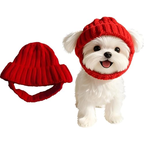 Red Knit Dog Beanie with Ear Flaps Warm Winter Hats Dog Knits Hat Knitted Snood with Ears Holes Soft Stretchy Puppy Knit Cap for Cold Weather Winter Hats for Small & Medium Pets -Red