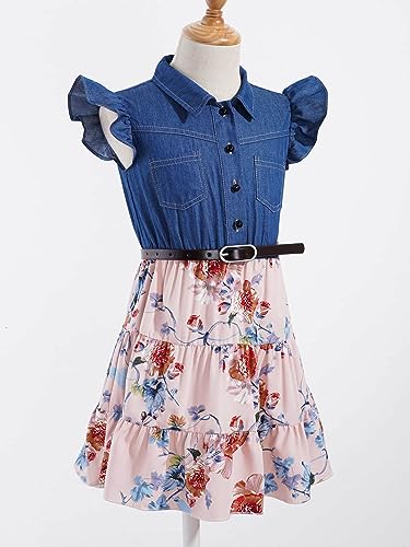 Shinsto Girls Jean Dress Summer Floral Print Denim Tutu Skirts with Belt Flying Sleeve Princess Dresses4