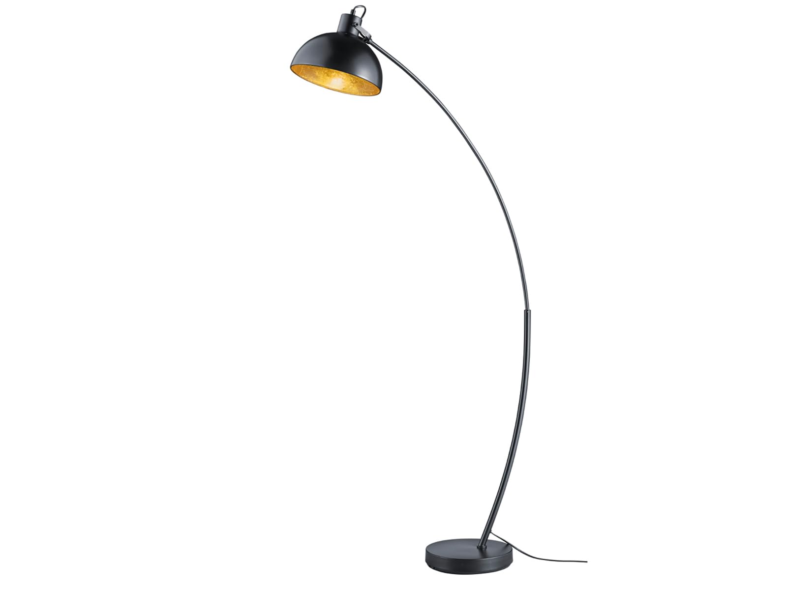 Nowoczesna lampa łukowa LED w kolorze czarnym matowym abażur wewnątrz złoty, wysokość 155 cm z wysięgiem 75 cm