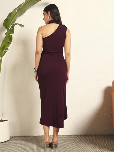 Image of Tandul Women's Solid Purple Cotton Blend Dress - One Shoulder High NeckMaxi /Full Length WithAsymmetric for Women - for Office, Casual, Festive & Party (11575)