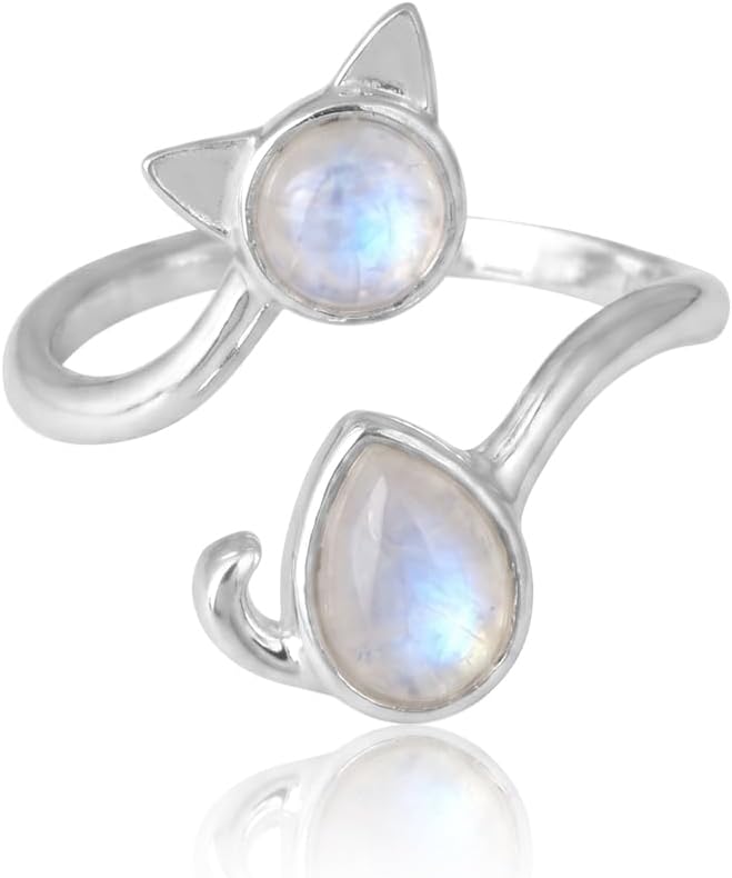 925 Sterling Silver Cat Ring for Women, Dainty Fidget Animal Ring, Handcrafted Elegant Modern Dual Gemstone Cute Open Bypass Adjustable Wrap Band Jewelry (5&7X5mm)