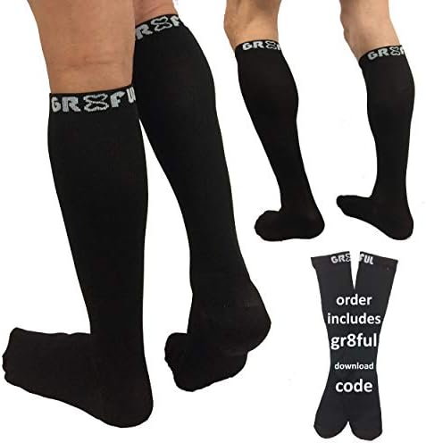 gr8ful® Compression Socks for Men & Women | Fab for Running, Calf Injury, Shin Splints, Achilles Tendonitis, Travel & Pregnancy | 1 Pair | Reduce Swelling + Pain, Aid Recovery. Black, 15-20mmhg, L/XL
