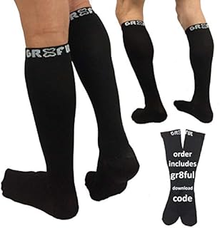 gr8ful® Compression Socks for Men & Women | Fab for Running, Calf Injury, Shin Splints, Achilles Tendonitis, Travel & Pregnancy | 1 Pair | Reduce Swelling + Pain, Aid Recovery. Black, 15-20mmhg, L/XL