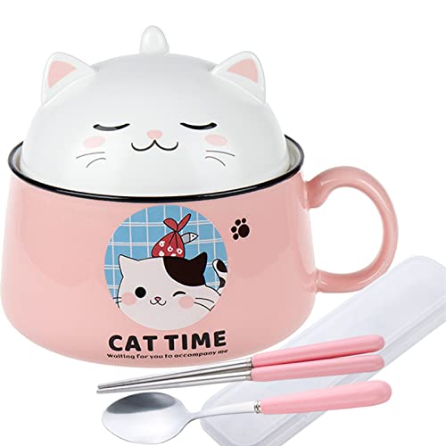 DYOUen Ramen Bowl with Handle and Lid, Ceramic Instant Noodle Bowl for Soup Salad, Cereal (Pink)