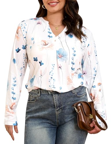 Aottori Camicia Donna Scollo a V Maglietta Manica Lunga Camicetta Elegante Cotone Blusa Tinta Unita Top Tunica Sexy per Primavera Autunno Bianco Floreale S