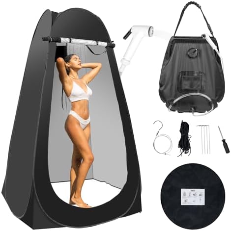 Portable Camping Bathroom Shower Tent Kit, Outdoor Pop Up Privacy Changing Tent with 5 Gallon Shower Bag-(Nozzle Upgraded)(Black)
