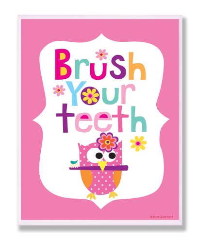 The Kids Room by Stupell Brush Your Teeth With Owl On Pink Back Background Rectangle Wall Plaque, 11 x 0.5 x 15, Proudly Made in USA