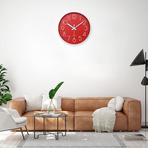 Image of jomparis Red Wall Clock 12 Inch Silent Non-Ticking Battery Operated Quality Quartz Round Wall Clock Modern Decor Clock for Home Bedroom