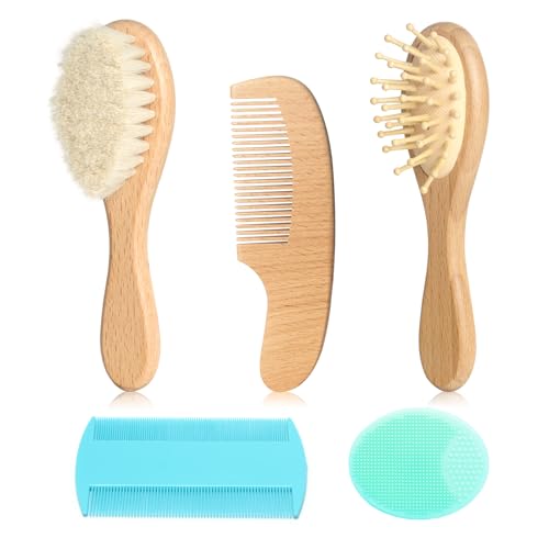 Image of Goat Baby Hair Brush Set, Wooden Comb Massage Scalp Comb, Safe Natural Hair Care Kit, Soft Silicone Bath Brush for Newborns Toddlers (Brush Set+ Green Massager)