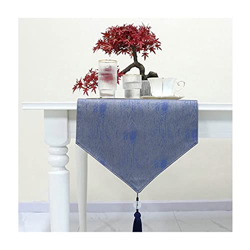 Chemin de table en coton bleu 35x228 cm avec pompon effet bois
