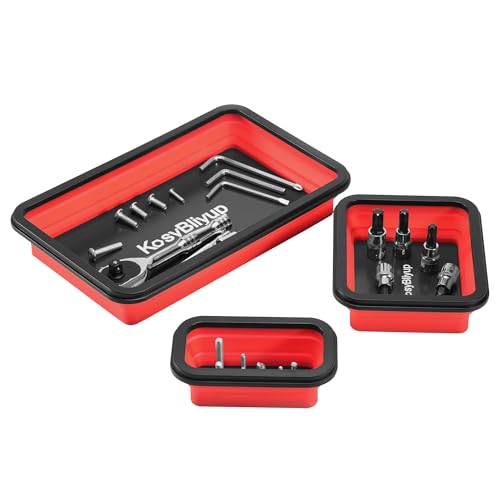 KosyBliyup Collapsible Magnetic Parts Tray Set, 3 Different Size Silicone Magnetic Tool Tray for Screw, Bolts, Nuts, Washers, Pins and Other Small Metal Parts, Red