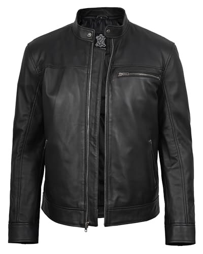 Image of fjackets Mens Leather Jacket - Real Lambskin Cafe Racer Moto Biker Stand Collar Jacket