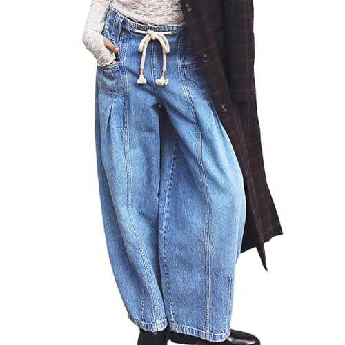 Womens Casual Drawstring Jeans Trendy 2025 Elastic Waisted Boyfriend Baggy Wide Leg Denim Pants2