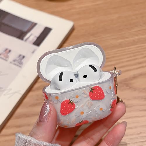Image of MINSCOSE for Cute Glitter AirPods 4 Case,Shell Pattern Girly Strawberry Design with Trendy Floral Keychain,Soft TPU Protective Cover with Cleaner Kit for Girls Women for AirPods 4-Red