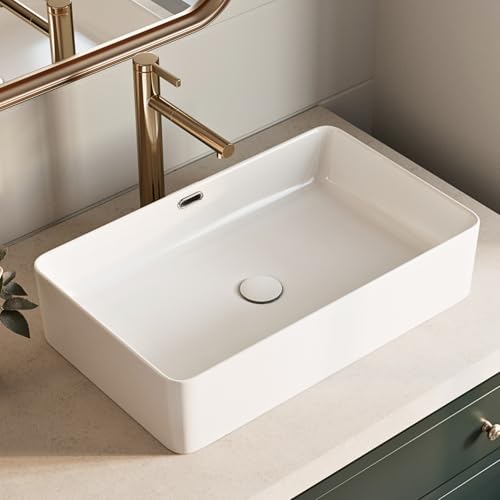 24 Inch Rectangular Vessel Sink with Overflow for Bathroom, Los Flexi 24"W x 15"D Modern Bathroom Sink Above Counter, Porcelain Basin, White Lavatory Sinks