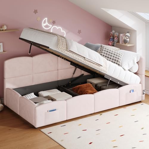 HaoChrymec Cama Tapizada Infantil de Terciopelo con Almacenaje Hidráulico, Cama Individual 90 x 200 cm con Somier, Puertos USB y Bolsillos Laterales, Sofá Cama, Rosa, sin Colchón