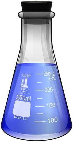 250ml Narrow Mouth Erlenmeyer Flask with Rubber Stopper, 3.3 Borosilicate Glass, Karter Scientific (Single)