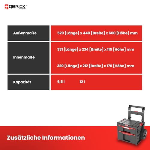 Qbrick System Werkzeugwagen Pro Cart 2.0 Plus Drawer 2 Black Werkzeugtrolley Werkzeugkoffer mit 2 Schubladen Robust Werkzeugkasten Modular