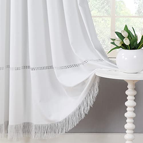 Mvsuta Elorny Button Tassel Farmhouse Boho Hand-Knotted White Fabric Shower Curtains For Bathroom, Modern Decorative Spa Hotel Bathroom Curtains,72" W X 72" L #TOP5