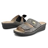 JOMIX Pantoufles Femme Senior d'Été Compensé Mules Orthopédiques à Scratch avec Semelle Amovible en Cuir Sandales Anatomique Ergonomique pour Femme Âgée et Pieds Sensibles Gris 39