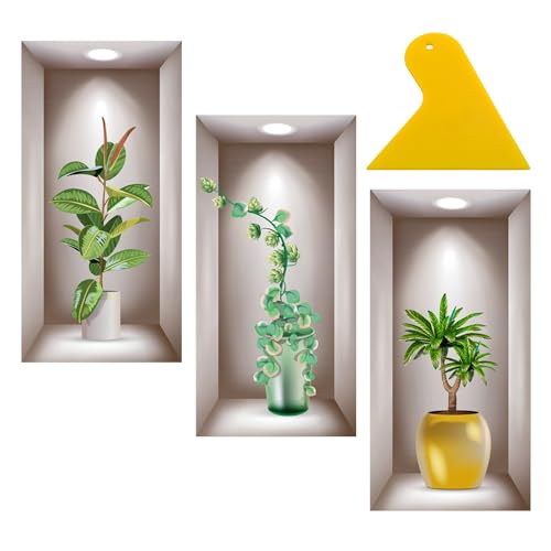 Lot de 3 stickers muraux de salon avec 1 grattoir, autocollants muraux tridimensionnels de plantes en pot, autocollants de décoration murale, peinture murale de vase de plantes