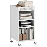 HOMCOM Bücherregal mit Rollen, Bücherwagen mit 3 Ebenen, oberem Aufbewahrungskorb, verstellbaren Regalen, Rollwagen für Zuhause, Wohnzimmer, Büro, Weiß