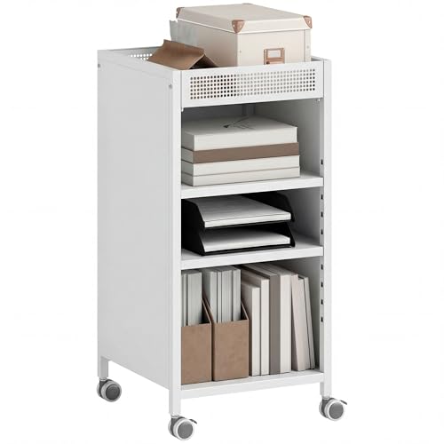 HOMCOM Bücherregal mit Rollen, Bücherwagen mit 3 Ebenen, oberem Aufbewahrungskorb, verstellbaren Regalen, Rollwagen für Zuhause, Wohnzimmer, Büro, Weiß
