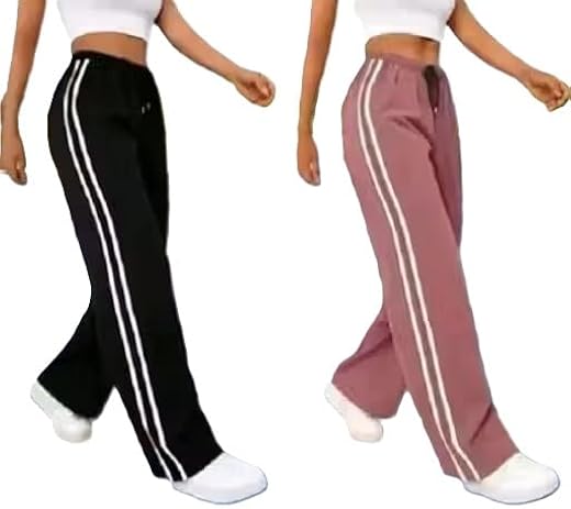 Solid Cotton Blend Girls Lower Set of Two Side Stripe Casual Loose Fit Bottoms
