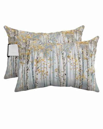 Modern Impressionist Tree Outdoor Beach Pool Chaise Lounge Chair Head Throw Pillow Covers 11x16 with Insert and Adjustable Elastic Stripe Set of 2 Lumbar Pillow Cases,Abstract Oil Painting Yellow Gray