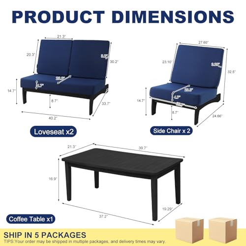 Image of Pia Ricoo 4 Piece Patio Furniture Sets, Outdoor Loveseat Sofa Set with 2 Chairs & Coffee Table, Patio Conversation Set for Backyard, Deck, Lawn, Navy, Dark Wood