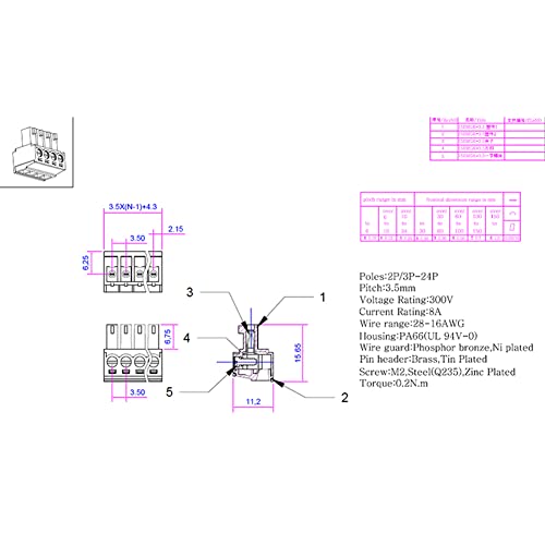 Bloque de terminales para PCB de 5 pines con paso de 3,5 mm y fijación de tornillo separado 7