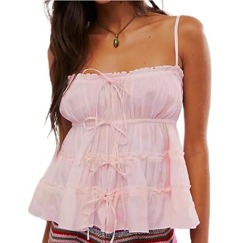 Damen Y2k Sommer-Oberteil mit Rüschen, ärmellos, offener Rücken,...