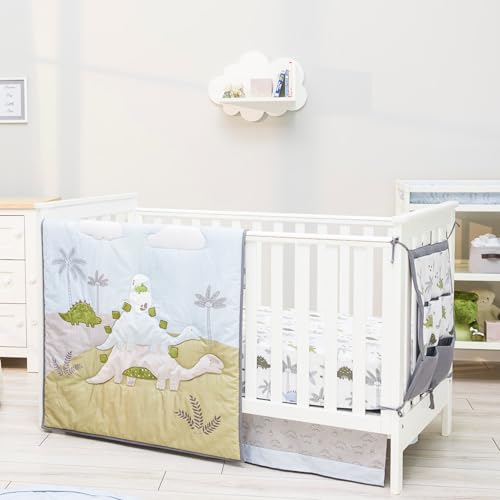 Image of Dinosaur Baby Bedding Set Boys - 6 pcs Baby Boy Bedding Sets Dino Blanket, 2 Fitted Bed Sheets, Pillowcase, Skirt & Dinosaur Nursery Organizer - Designed in France, Blue-White
