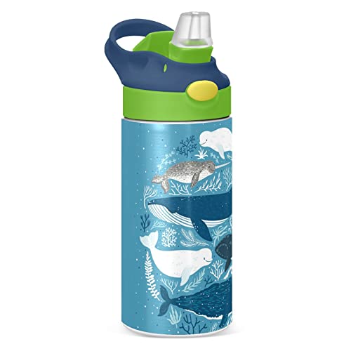 SoreSore 水筒 子供用 ストローボトル キッズ イルカ アザラシ クジラ ブルー 可愛い アニマル かわいい 男の子 女の子 真空断熱 保温 保冷 350ml ステンレスマグ スポーツボトル こども 軽量 持ち運び便利 アウトドア 通園