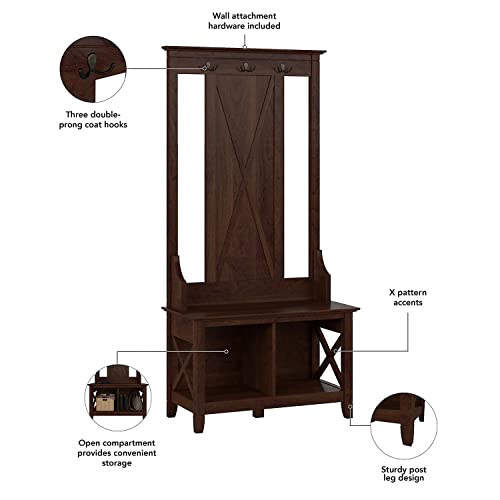 Bush Furniture Key West Hall Tree with Shoe Storage Bench in Bing Cherry, Entryway Organizer for Home, Multi-Purpose Storage Solution with Seating and Hooks - Thumbnail 4